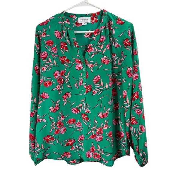 Yumi Kim Size Small 100% Silk Dandelion Emerald Floral Popover Top Long Sleeve - Picture 2 of 7